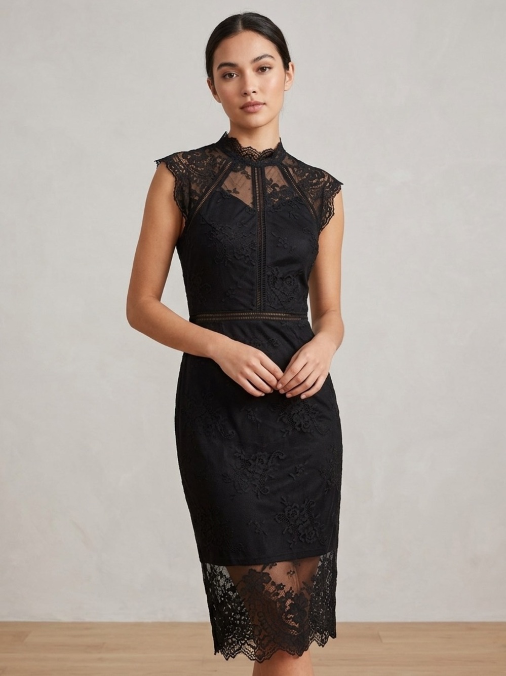 Black Lace Panel Midi Dress Sheath High Neck Sleeveless Cocktail LBD NWT Small